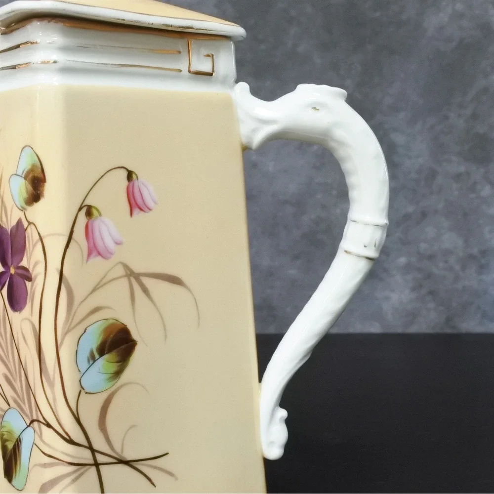 Antique Hand Painted Violet Floral Porcelain Coffee Pot